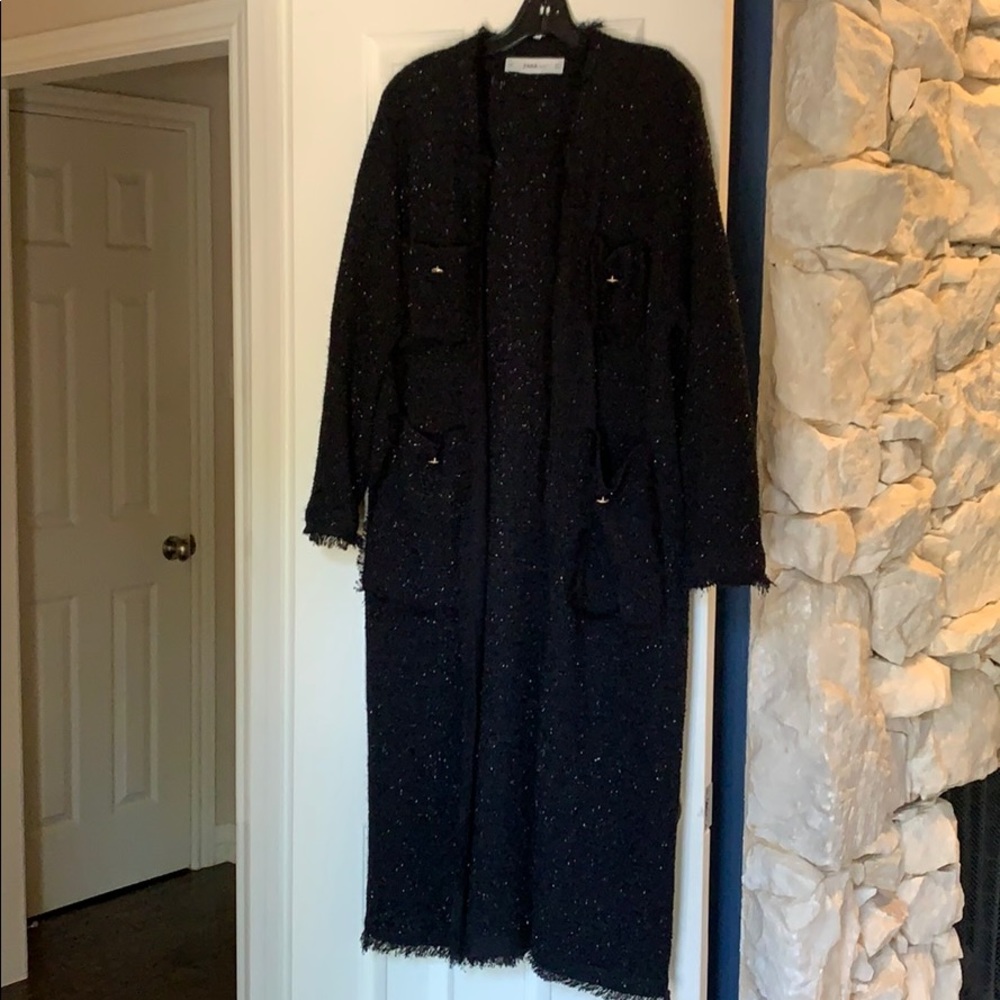 Zara black long cardigan w/ metallic thread detail